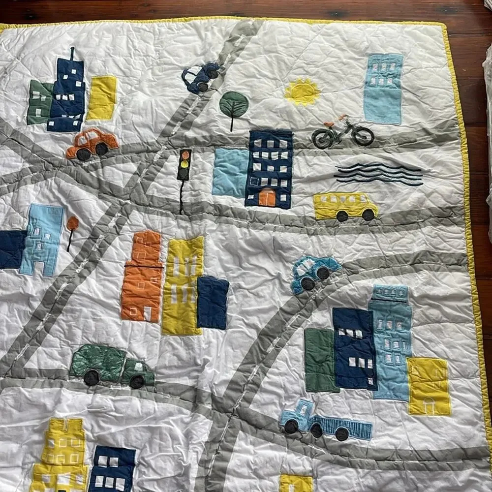 Crate & Kids Crate & Barrel city roads cars applique crib kids quilt blanket